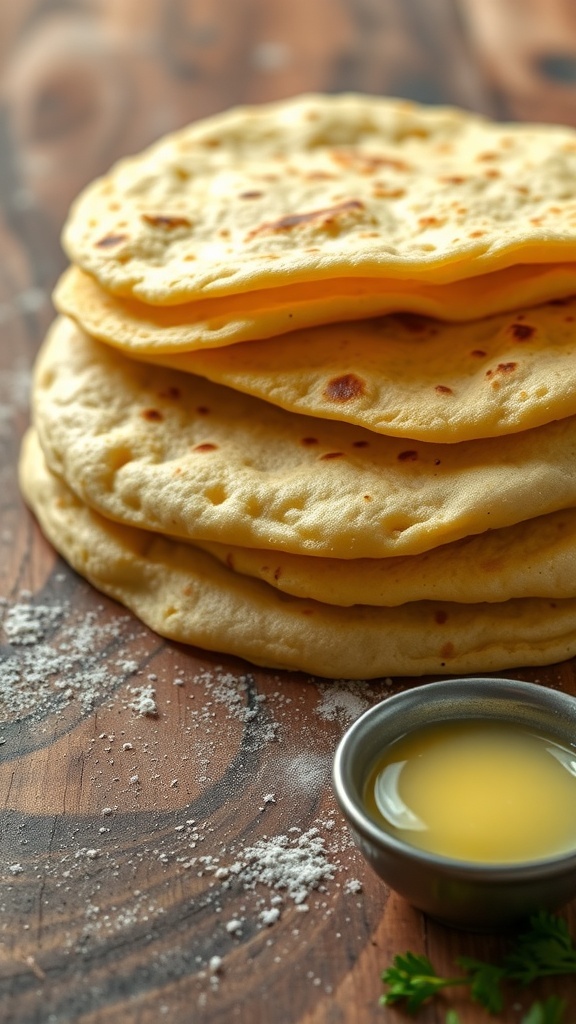 Homemade Butter Tortilla Recipe A stack of golden brown butter tortillas on a wooden table with melted butter and herbs.